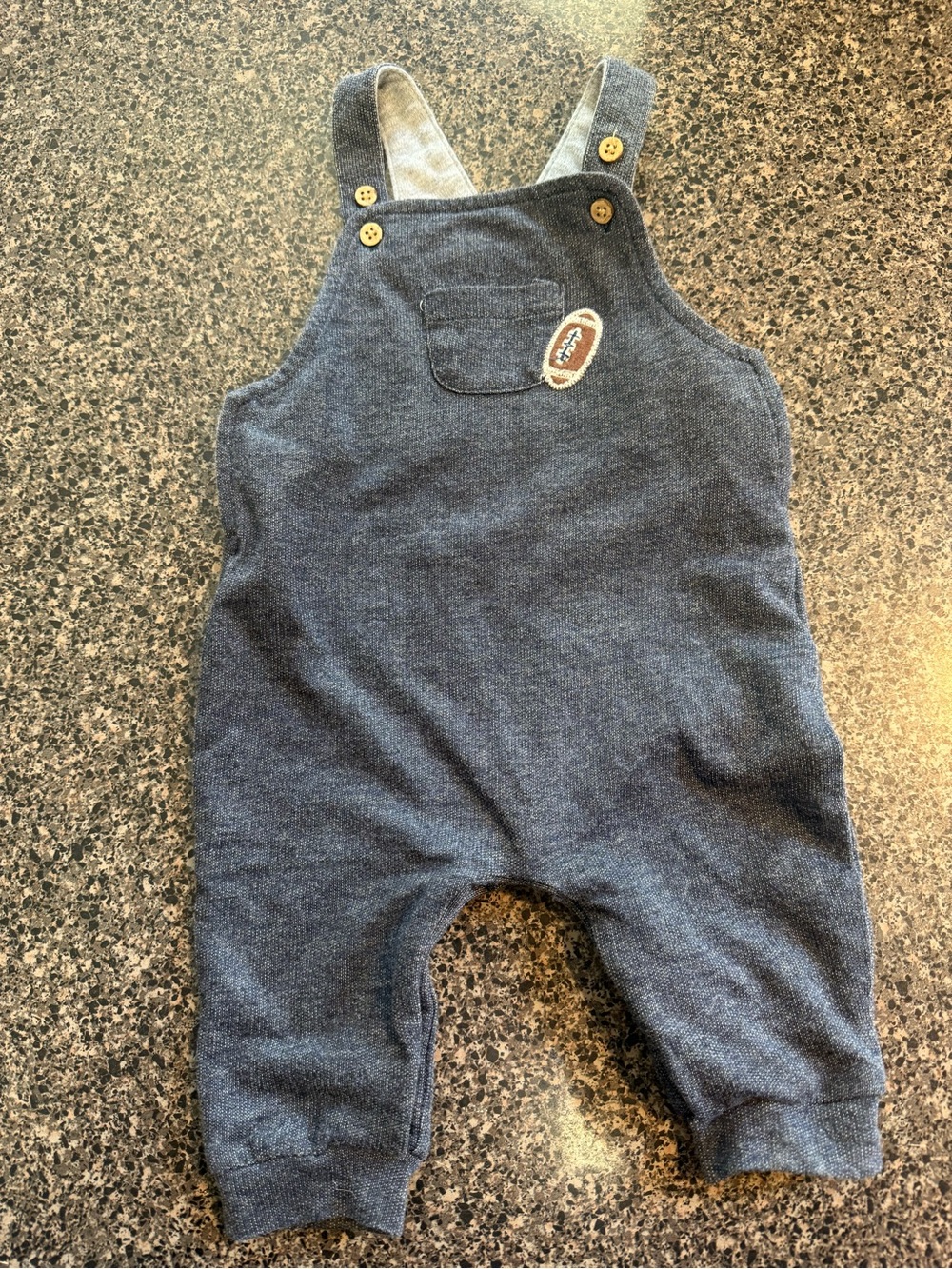 Mud Pie Heather Navy Knit Overalls with Football Patch